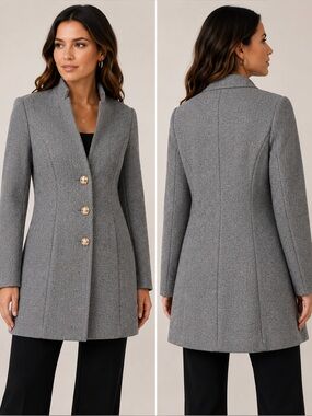FME Gray Herringbone Longline Blazer Gold Buttons Size L NWOT